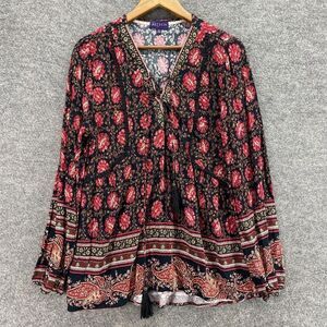 5/$45  Artesia Blouse Women XL Black Floral V-Neck Long Sleeve Rayon Pullover